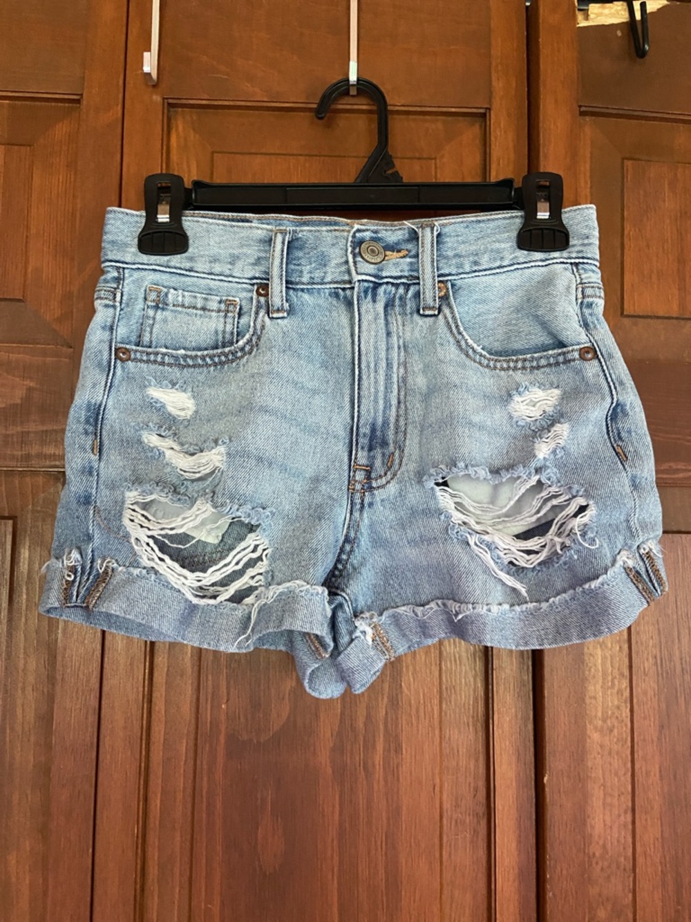 Aeropostale Light Blue Distressed High Waisted Denim Mom Shorts